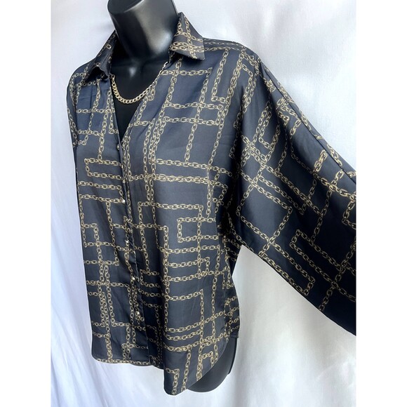 Phardi European Satin Black Button Down Blouse Chains Equestrian Formal Office 8 - Picture 3 of 12